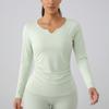 Top de Yoga Adelgazante para Mujer, Cuello en V, Secado Rápido, Ropa de Fitness que Cubre el Cuerpo, Ajustado, Alta Elasticidad, Tallas Grandes, Aeróbicos, Elegante de Manga Larga