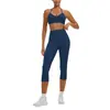 Ropa Nueva para Yoga Sexy Amigable con la Piel Cuello Halter Espalda Hermosa Sujetador Deportivo Pantalones Ajustados de Cintura Alta Pantalones de Longitud Media Conjunto de Fitness