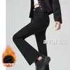 Calças Boca de Sino Pretas Femininas Outono e Inverno Calças com Forro de Fleece para Mulheres Baixas Calças de Ferradura Cintura Alta Slim Fit Jeans Stretch