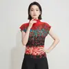 Camiseta estampada degradada Miyake para mujer, nuevo estilo de verano, corte entallado, elegante y sofisticada, cuello semi-alto, top de manga corta plisado
