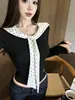 Chal con Estampado de Lunares Camiseta de Manga Larga Falsa de Dos Piezas para Mujer Principios de Otoño Ajustado Ceñido Corto Capa Interior Camiseta Base Superior