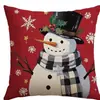 Funda de almohada navideña de lino sin relleno, fondo rojo con muñeco de nieve y árbol de Navidad, funda de cojín para decoración de ambiente festivo