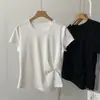 Camiseta de Algodón Suave como el Hielo, Suave, Pegajosa, Lisa, Retorcida a Mano, Lateral Plisado con Abertura, Cuello Redondo, Hombro Normal, Manga Corta, Mujer, Verano