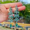 Pendientes de Borla con Hojas Incrustadas de Cristal Verde Color Exagerado Chapados en Oro Real de 18K Industria Pesada Pendientes de Noche Super Hada