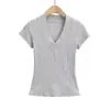 Camiseta de Verano Retro Americana con Cuello en V Profundo y Mangas Cortas para Mujer, Color Sólido Nicho, Sexy, Sexy, Elástica, Ajustada, Hombro Derecho Superior para Mujer