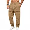Calça de moletom para trabalho masculina com forro de fleece para outono e inverno, com cordão na cintura, botões de pressão, bolsos grandes, corte solto e punhos nas barras, para esportes casuais.