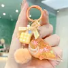 Llavero de Arena Líquida Relleno de Aceite con Lazo a Cuadros y Bola de Peluche, Colgante Fresco y Lindo para Mochila, Adorno Estilo Pareja