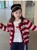 [Em Estoque] Dz25316 Jaqueta Cardigan de Tricô para Meninas Outono 2025 Bebê Gatinho Kt Desenho Animado Listrado Suéter