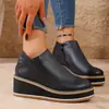 2025 Nuevas Botas Cortas de Otoño e Invierno Transfronterizas Talla Grande Calzado de Mujer Europeo y Americano Punta Redonda Suela Gruesa Tacón de Cuña Cremallera Lateral Botas Casuales