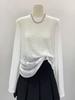 Blusa Superior de Verano Ligeramente Transparente Puro Deseo Protección Solar Hombro Derecho Holgada Estilo Perezoso Camiseta para Mujer Diseño de Textura Blanca Mangas Largas