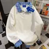 Sudadera de estilo coreano, falsa de dos piezas, polo a cuadros, nicho retro, empalme, para mujer en otoño e invierno, forro polar, holgada y versátil, top con efecto adelgazante