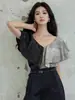 Camisa de Satén con Bloques de Color Estilo Francés de Manga Corta para Mujer, Nuevo Top Holgado Adelgazante con Volantes y Cuello en V, Verano 2025