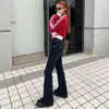 Jeans American Retro Azul Grisáceos Elásticos Bootcut para Mujer Otoño Temprano Nuevos Sexy Ajustados de Cintura en V Pantalones Acampanados Elásticos