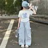 Conjunto de Camiseta de Manga Curta e Calça para Meninas de Verão Roupas Infantis Meninas Kids Camiseta de Manga Curta Calça de Trabalho com Laço Conjunto de Duas Peças Tendência
