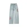 Jeans Casuales de Pierna Recta y Pierna Ancha Bordados Estilo Nacional Chino Elegantes para el Viaje Diario Combinan con Todo Cintura Alta Nuevos para Mujer