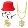 Popular Cadena de Oro Pulsera Hip-Hop Sombrero Negro de Pescador Gafas con Montura de Espejo Anillo de Dólar Conjunto de Vestido de Graduación