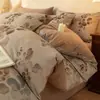 Juego engrosado de cuatro piezas de algodón puro cepillado para cama, que incluye una funda de edredón, una sábana y un juego de tres piezas de ropa de cama para dormitorios