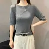 Camiseta Ludao Story Negra de Cuello Redondo con Puntadas Diagonales, Manga Media, Diseño Ajustado para Mujer Primavera/Otoño, Camiseta Básica Versátil
