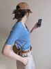 Camiseta azul de seda de hielo con cuello polo de manga corta para mujer, estilo francés de verano, corte ajustado, tejida, top base corto