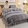 Roupa de Cama Flanela Estampada Veludo Leite Grau Bebê Conjunto de 4 Peças Capa de Edredom Inverno Coral Fleece Francês Capa de Edredom Conjunto de 3 Peças para Estudante