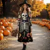 Halloween Mais Vendido Bruxa Crânio Colorido Estampado Vestido COS Cintura Marcada Manga Longa Festa de Baile Midi