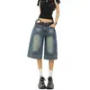 Shorts Jeans Reto Estilo Retrô Americano para Mulheres, Novo Verão 2025 Cintura Baixa Solto de Perna Larga Curto para Baixinhas Comprimento Médio