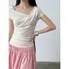 Camiseta de Manga Corta con Cuello Drapeado Off-Shoulder Estilo Francés de Lana Tencel para Mujer, Top Suave y Ligero de Verano Ajustado 2699