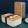 Caja de Arroz de Paja de Trigo y Madera Cubiertos Estudiante Portátil con Juego de Tenedor, Cuchara y Palillos Lonchera Correa de Madera Caja de Sushi