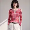 Cardigã de tricô estiloso de alta qualidade para mulheres, novo estilo de outono, gola redonda, listras rosa e brancas, mangas compridas, top com design de abotoamento frontal