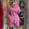 Roupas Femininas Transfronteiriças Europeias e Americanas Verão 2026 Novo Estilo Temperamento Doce Solto Rosa Manga Curta Conjunto de Shorts de Cintura Alta