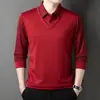 Camiseta de otoño e invierno con forro polar para hombre, ropa térmica de imitación de dos piezas, camiseta casual a rayas con cuello vuelto para hombres de mediana edad
