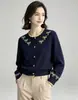 Blusa de tricô com gola redonda, manga longa, jacquard com laço, estilo europeu e americano, novo suéter cardigã de outono e inverno, caimento solto para mulheres