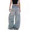 Calça jeans bordada com orelhas de gato estilo retrô americano para mulheres, novo estilo de outono workwear, calça larga solta com caimento drapeado e curvado