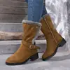 Botas de neve quentes casuais para outono e inverno com forro de fleece e detalhes de fivela da moda, botas estilo Martin de cano médio, botas de montaria femininas
