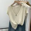 Camiseta Base de Lino y Algodón Rosa Girly con Escote en V y Copos de Nieve para Mujer, Nuevo Estilo Verano 2026, Camiseta Holgada de Manga Corta Estilo Perezoso