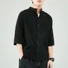 Nueva Camisa de Lino y Algodón Estilo Chino Manga Siete Camisa de Manga Corta para Hombre Ropa Holgada para Hombre Chaqueta Casual para Hombre Top