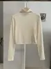 KEKEZOON Camiseta de manga larga ajustada de cintura alta y cuello medio alto para mujer, estilo corto de otoño e invierno, base de forro polar, moderna 9384