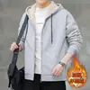 Jaqueta cardigã com capuz masculina transfronteiriça, jaqueta de inverno de cor sólida, quente, forrada com lã de cordeiro e fleece, estilo coreano moderno
