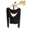 Conjunto de Dos Piezas Ruoxin Camiseta Casual de Manga Larga con Cuello Cruzado en V Camisola de Encaje con Cuello en V Chaleco de Espalda Cruzada Conjunto de Dos Piezas en Capas