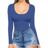 2024 Amazon Europeu e Americano Feminino Decote Baixo Manga Longa Sexy Slim Fit Camiseta Top com Amarração na Cintura Estilo Europeu e Americano