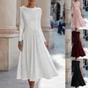 Novedad 2026 estilo europeo y americano: Vestido de manga larga con cuello de volantes, que presenta una falda fluida y voluminosa y un diseño de longitud media, perfecto para fiestas de mujeres y ocasiones formales