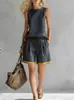 Conjunto de Shorts Color Block Sem Mangas Estilo Europeu e Americano Novo 2026 para Mulheres, Conjunto Casual de Verão Duas Peças, Estilo Transfronteiriço da Moda