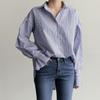 Nueva Camisa de Moda Coreana a Rayas con Manga Farol para Mujer Camisa Base Versátil