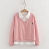 Estilo Universitario Falso Dos Piezas Gato de Dibujos Animados Bordado Sudadera Falsa de Dos Piezas de Manga Larga para Mujer Otoño 2025 Nuevo Top