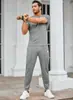 Conjunto Esportivo Transfronteiriço Masculino Tendência Cor Sólida Conjunto de Duas Peças Camiseta Gola Redonda Slim Fit Moda Casual Conjunto Esportivo Masculino