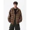 Camisa Xadrez com Capuz Cor de Café Estilo Retrô Americano para Homens, Colete de Casal para Primavera e Outono, Blusa Solta Casual de Manga Longa Estilo Preguiçoso