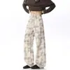Calça Longa Casual Xadrez Preguiçosa Nova de Outono e Primavera Veludo Cotelê Xadrez Design Tie-dye Versátil Solta Reta Calça Casual