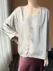 Top de Satén Suave y Fluido con Siete Mangas, Refrescante y Crujiente, de Cuello en V, Corte Básico Adelgazante, Estilo Perezoso Diario para Primavera-Verano
