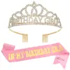 Cinta de Seda y Satén para Cumpleaños de Damas Europeas y Americanas, Cinturón Ceremonial, Correa para el Hombro, Diadema de Corona con Pedrería de Cumpleaños, Accesorios para el Cabello de Fiesta