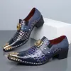 Sapatos Masculinos de Couro de Tamanho Grande para Travessia de Fronteira com Padrão de Crocodilo, Bico Fino Metálico, Salto Robusto, Sapatos Monk Strap, Sapatos Formais de Couro Slip-On para Festa em Boate
